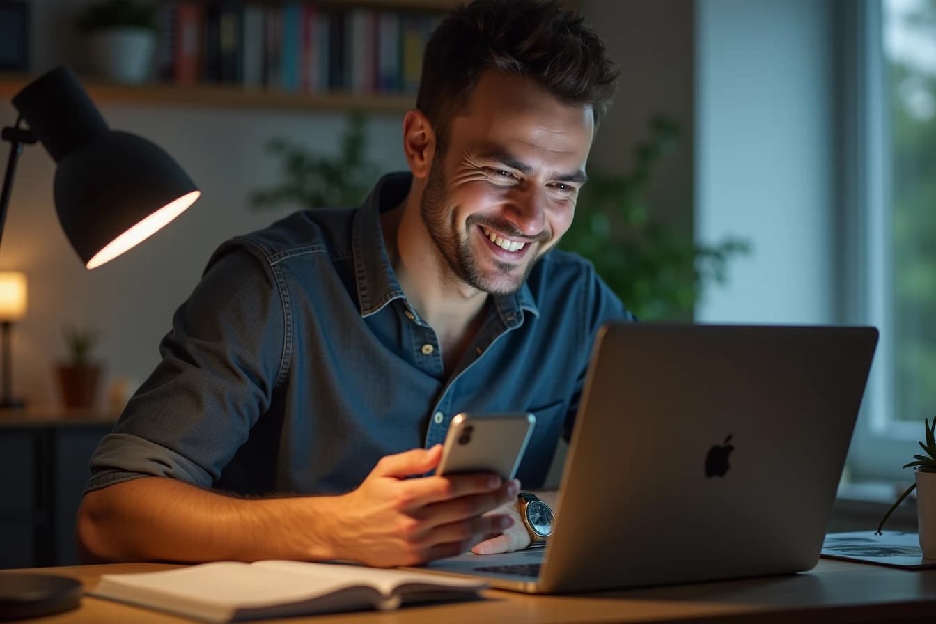 Man juggling two companion apps open on his phone and tablet at his desk Man juggling two companion apps open on his phone and tablet at his desk