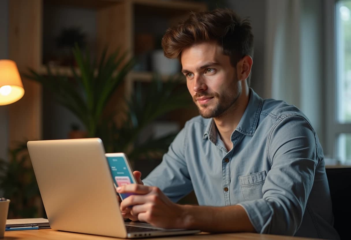 Young man at a desk with a laptop open, holding a smartphone showing a payment app Young man at a desk with a laptop open, holding a smartphone showing a payment app