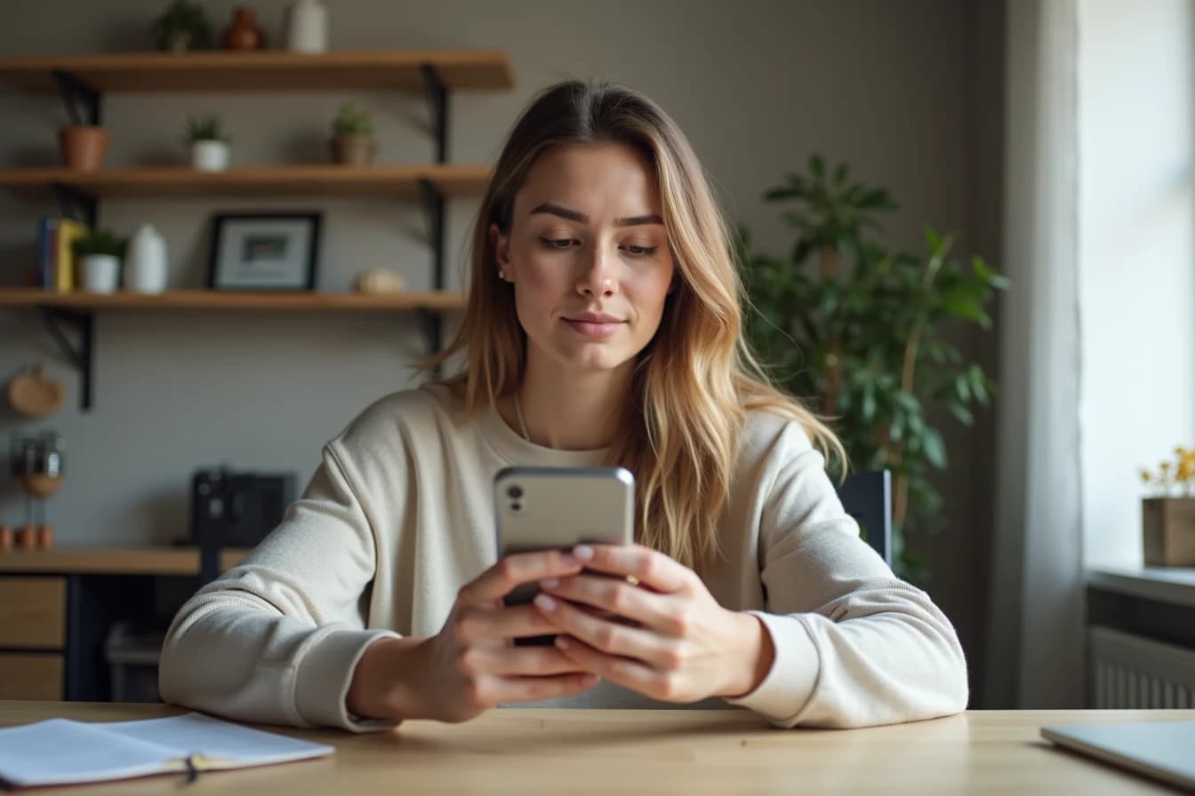 Woman sitting at a home desk holding a smartphone with a considering expression