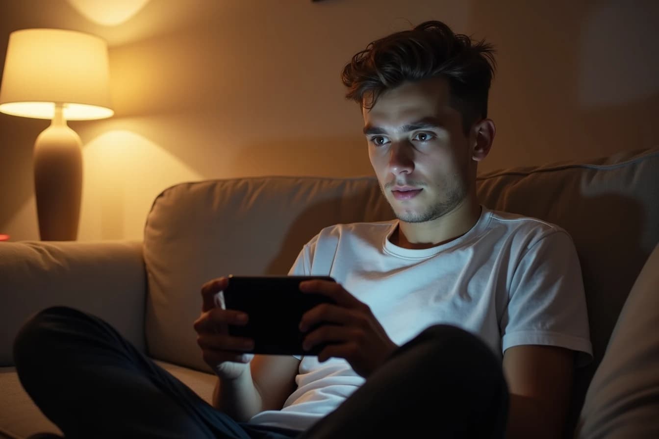 Young man sitting cross-legged on a couch playing a handheld video game console Young man sitting cross-legged on a couch playing a handheld video game console