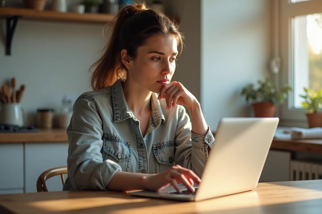 Woman at a kitchen table reading tech press coverage on a laptop in the morning Woman at a kitchen table reading tech press coverage on a laptop in the morning