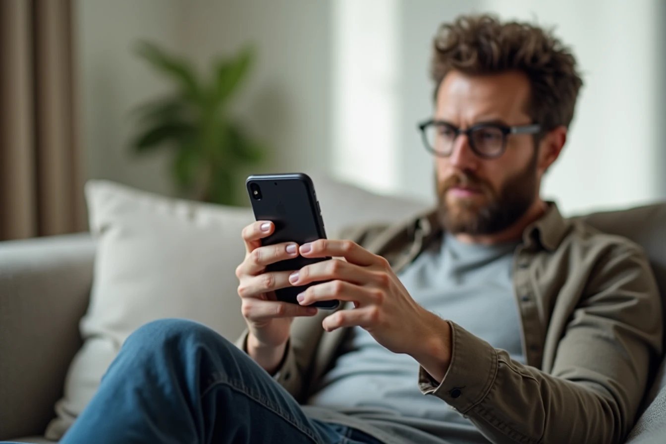 Man on a couch examining a photorealistic app interface on his phone