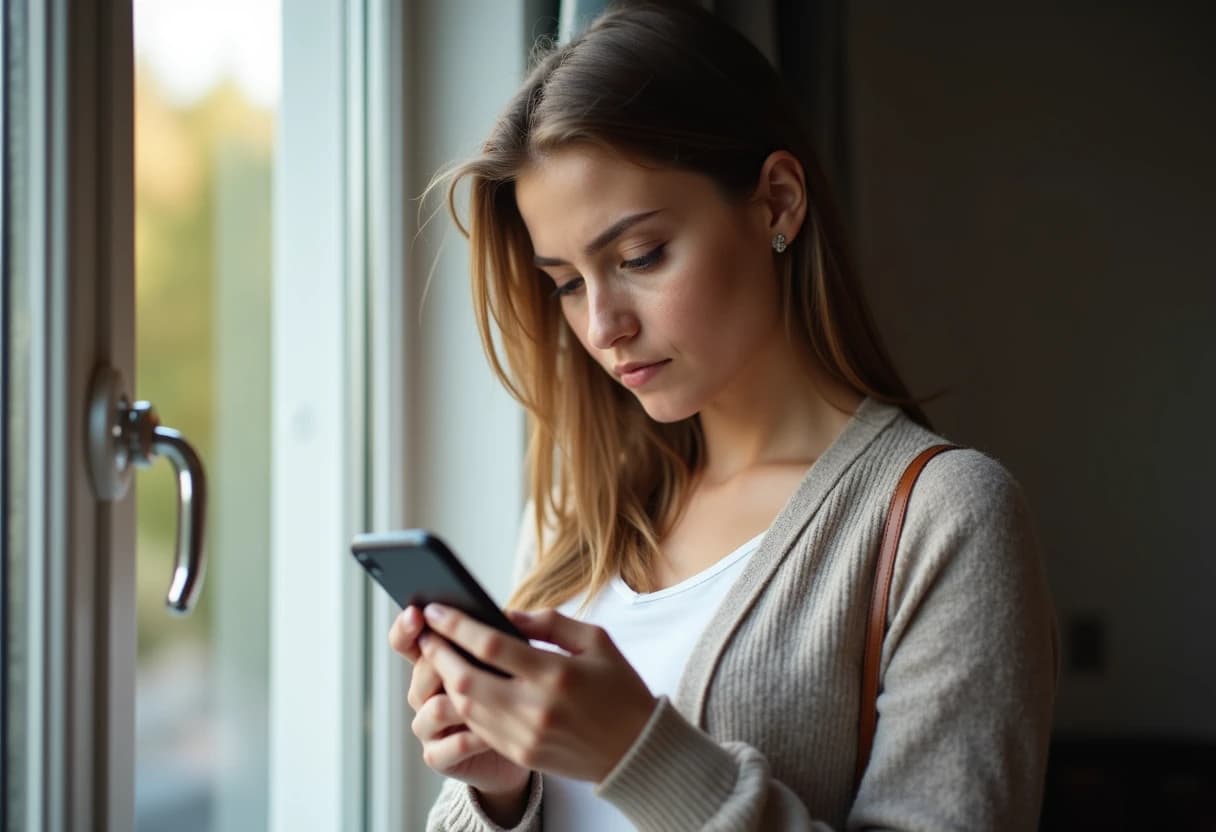 Woman standing by a window holding her smartphone with a nostalgic, thoughtful expression Woman standing by a window holding her smartphone with a nostalgic, thoughtful expression
