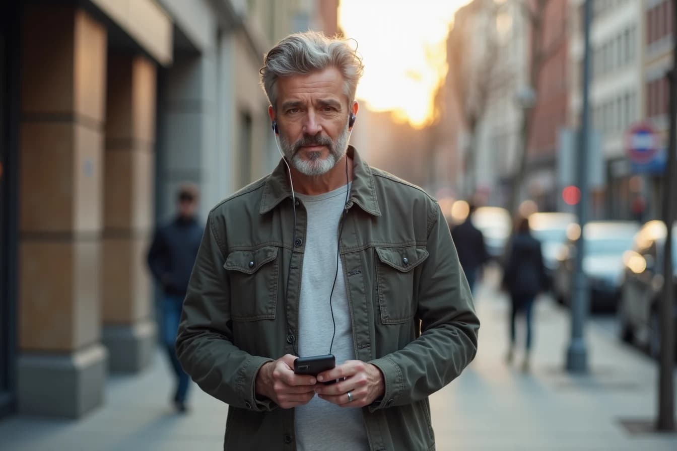 Man listening to a voice message from his companion app while walking Man listening to a voice message from his companion app while walking