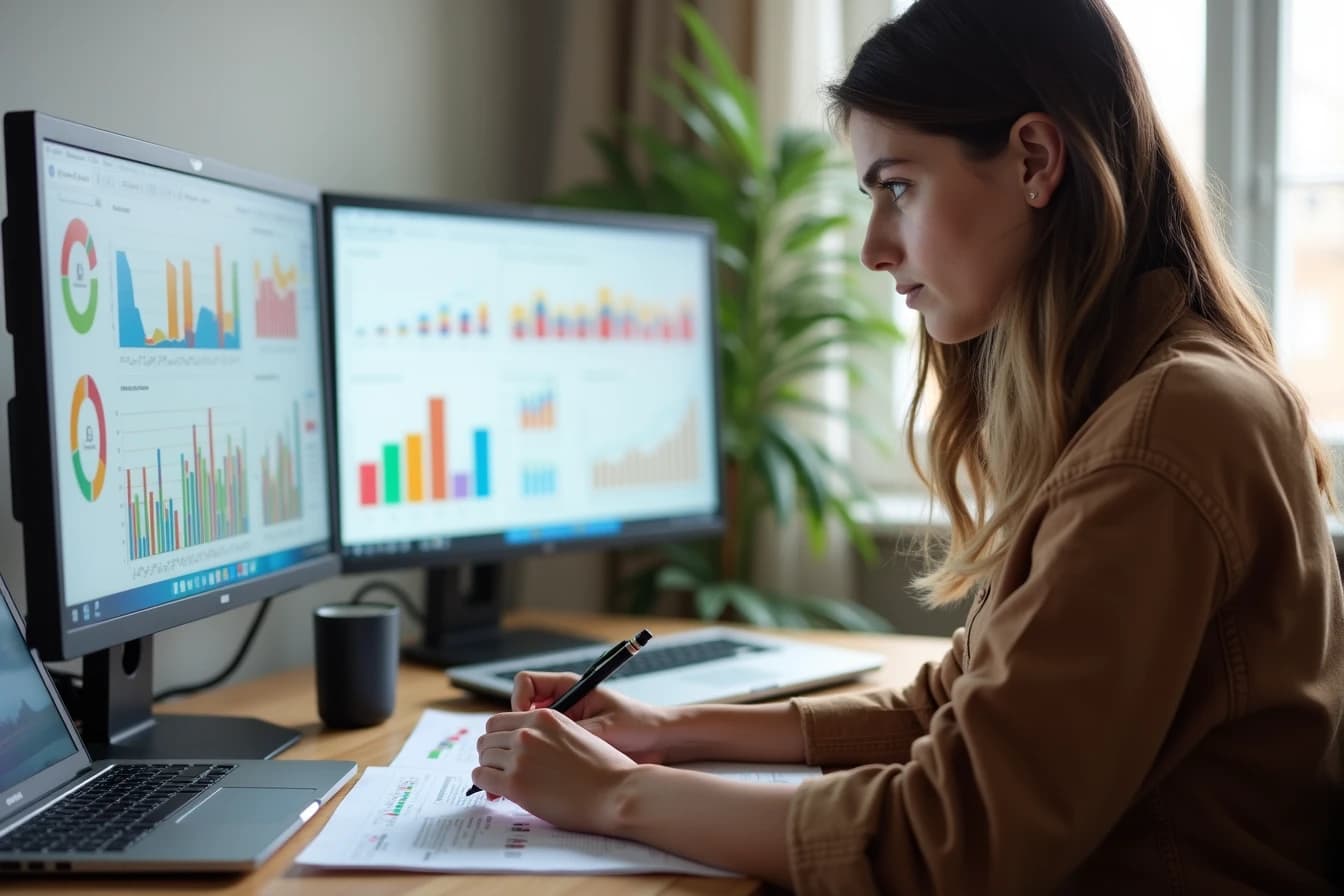 Woman at a home office desk with two monitors and a laptop showing colorful charts, taking notes