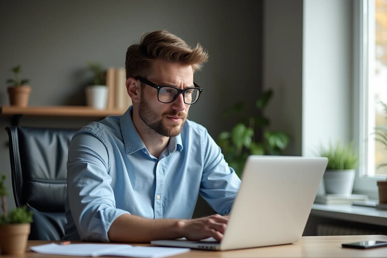 Man at a home office desk reading a laptop screen with a focused expression Man at a home office desk reading a laptop screen with a focused expression