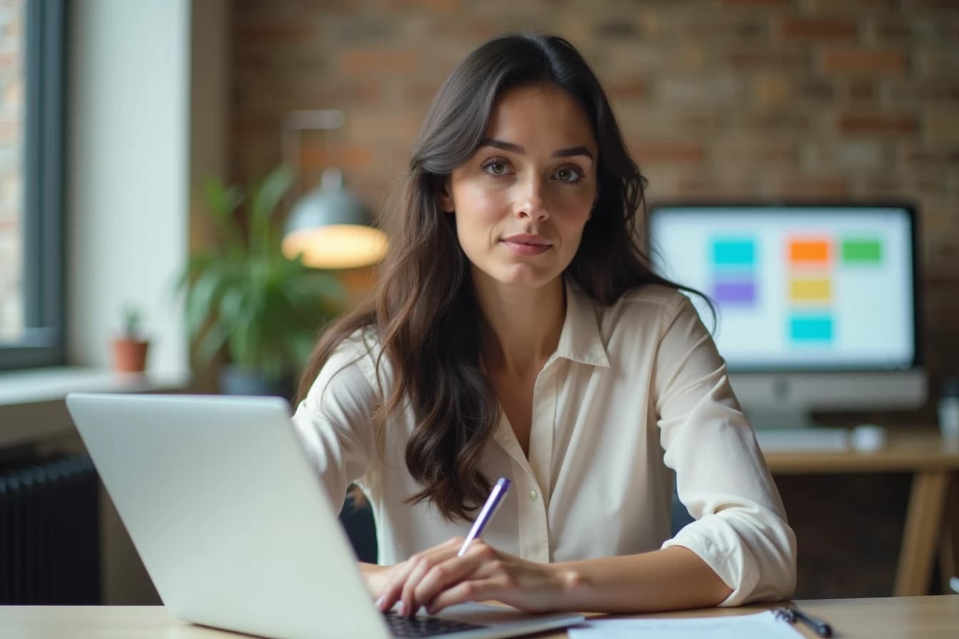 Woman at a home office desk with a laptop open, taking notes while reviewing pricing plans