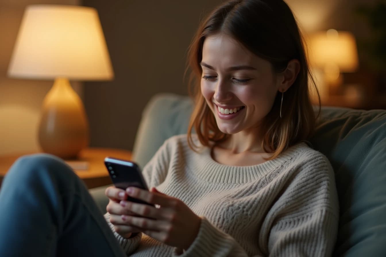 Woman sitting on a couch texting on her smartphone with a relaxed smile Woman sitting on a couch texting on her smartphone with a relaxed smile