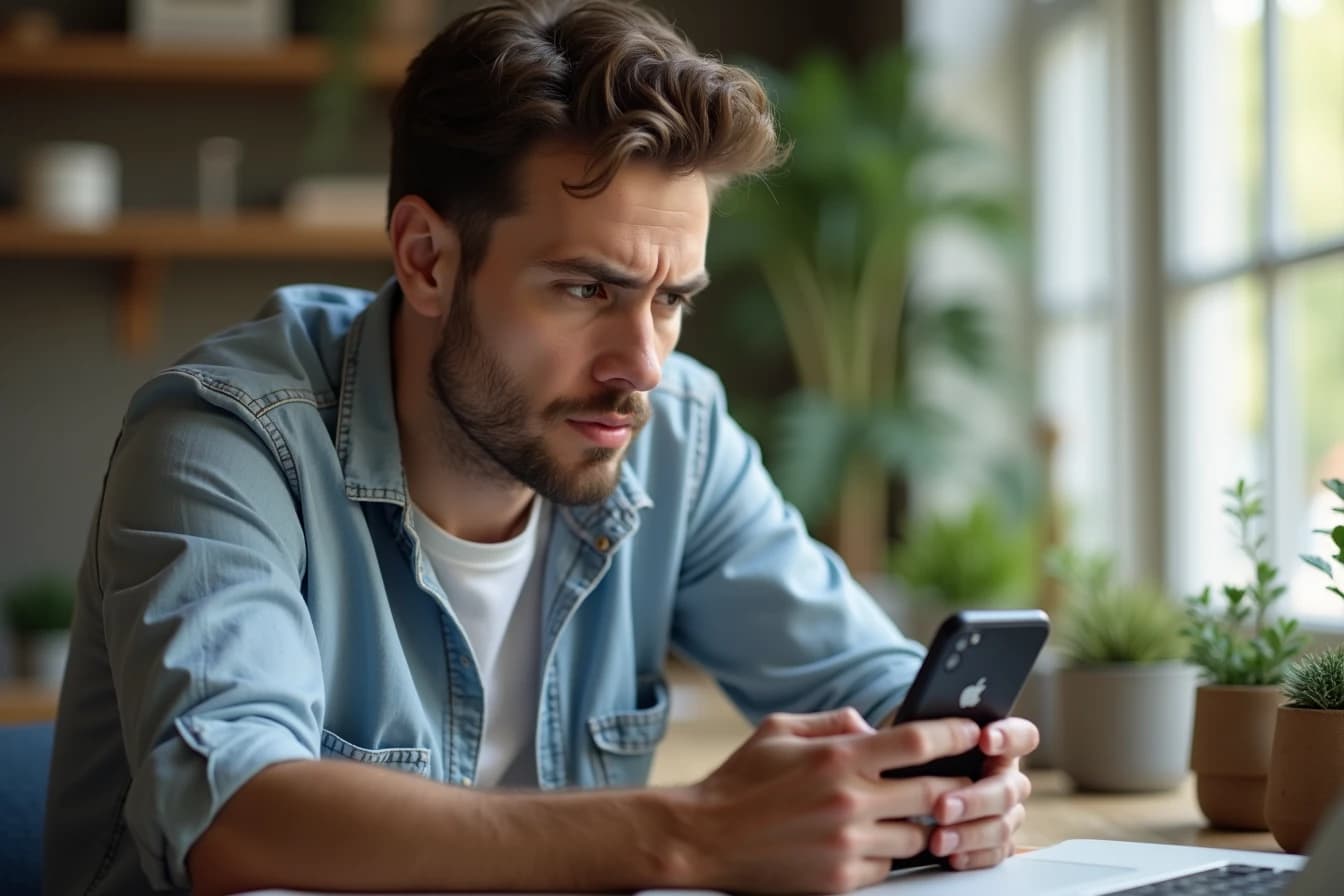 Man sitting at a desk looking at his smartphone screen with a thoughtful expression