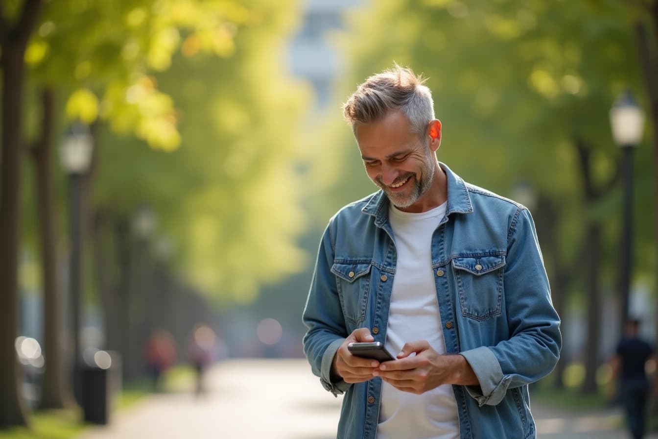 Man walking outdoors using a companion app on his phone Man walking outdoors using a companion app on his phone