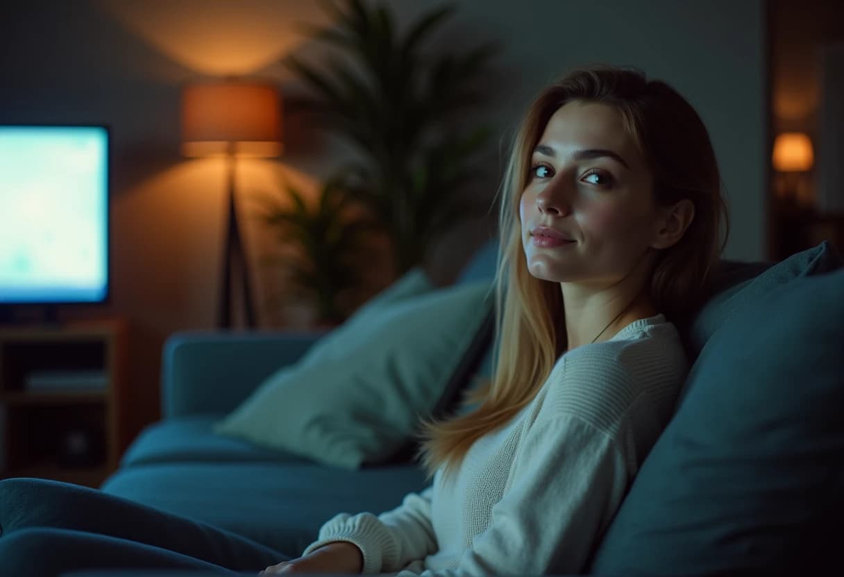Woman sitting on a couch at night, softly lit by the glow of a television Woman sitting on a couch at night, softly lit by the glow of a television