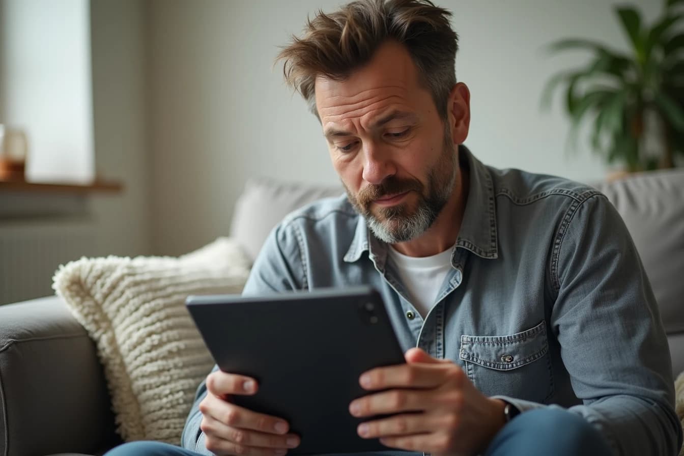 Man on a couch weighing which app features are worth paying for on a tablet Man on a couch weighing which app features are worth paying for on a tablet